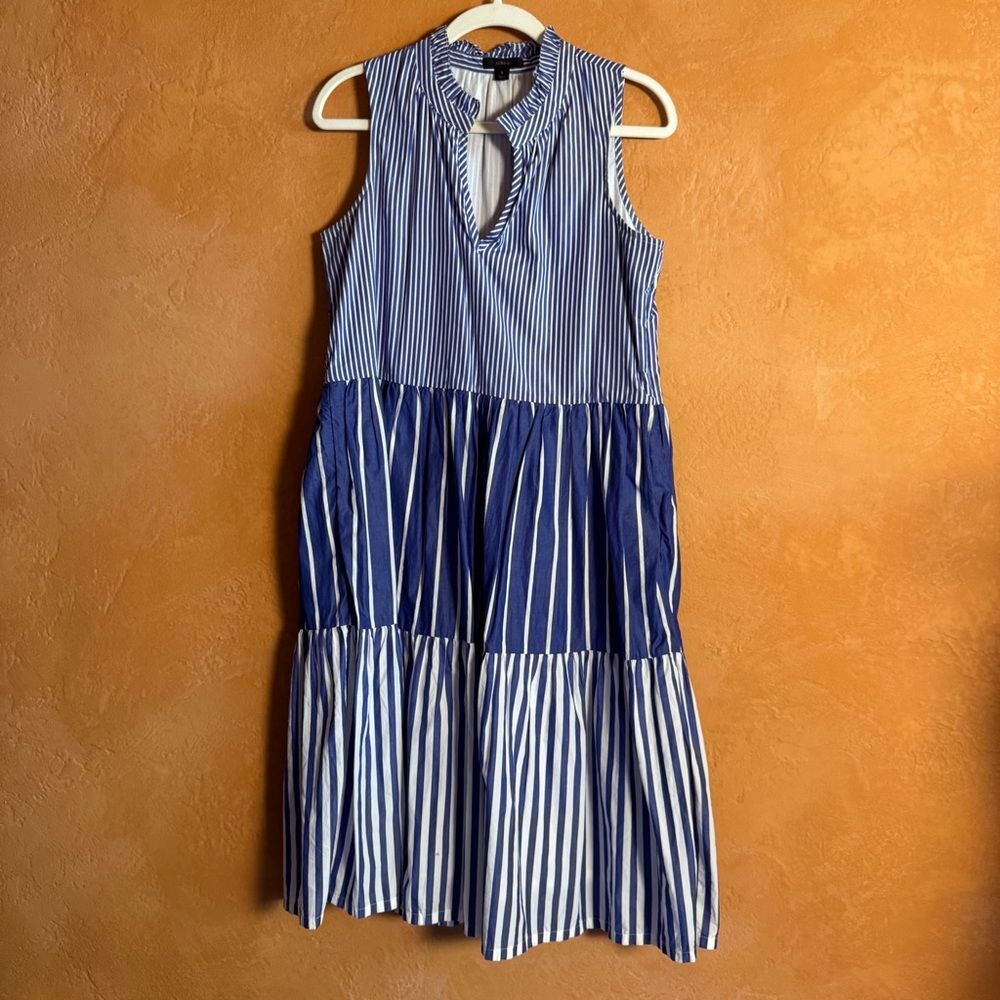 J.Crew Blue White Stripe Tiered Cotton Midi Dress Size S Coastal Preppy